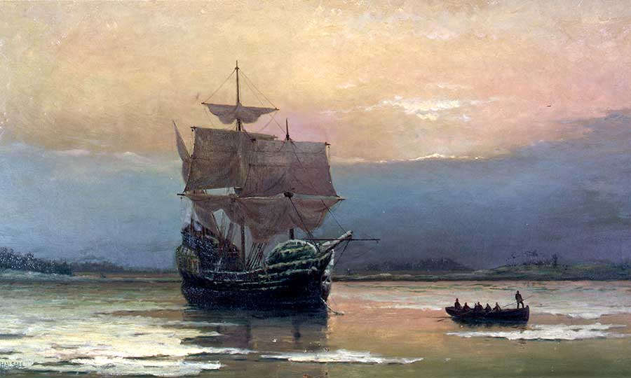 Mayflower in Plymouth Harbor, by William Halsall